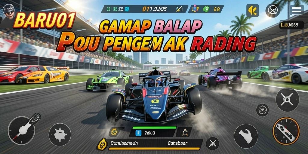 Tangkapan layar gameplay seru dari BARU01 dengan mobil balap yang beraksi.
