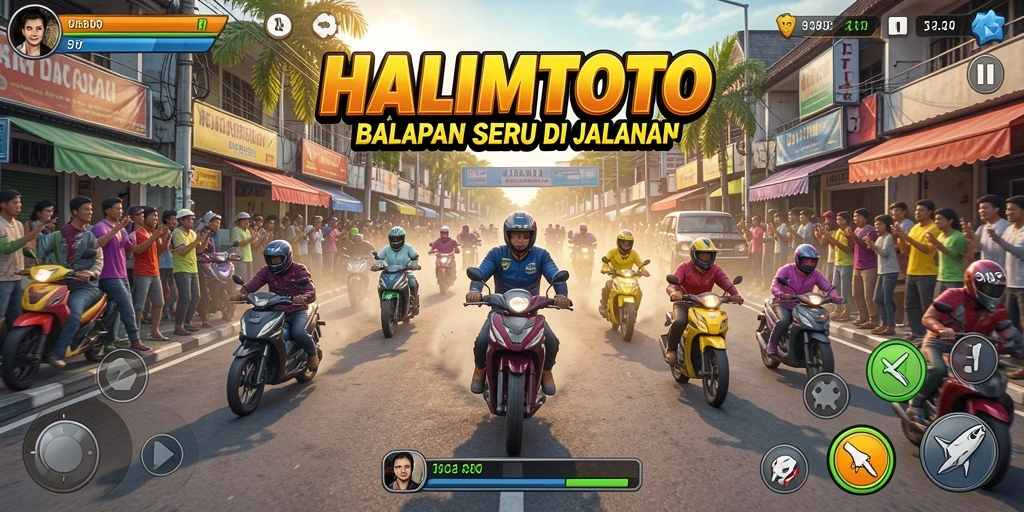 Tampilan gameplay HALIMTOTO menampilkan balapan seru di berbagai trek.