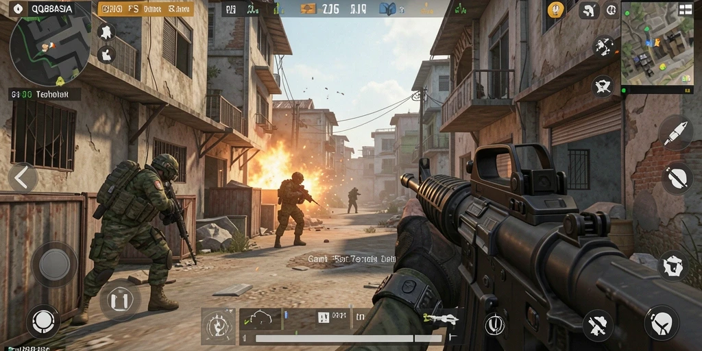 Screenshot gameplay QQ88ASIA menunjukkan aksi tembak-menembak yang intens.