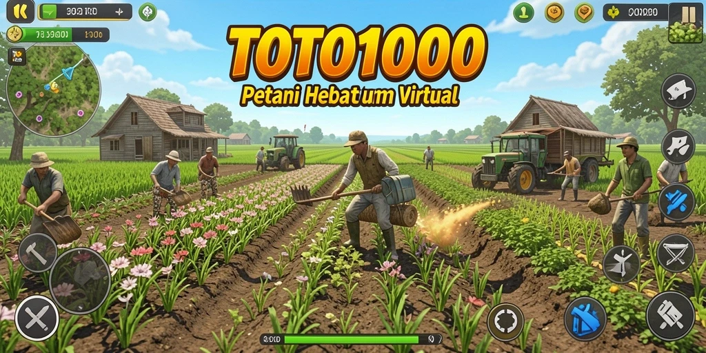 Screenshot gameplay TOTO1000 menunjukkan petani yang merawat tanaman di ladang.
